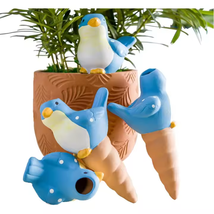 4 globos de riego con forma de pájaro, inserto de terracota con autorriego, aptos para interiores y exteriores - 1