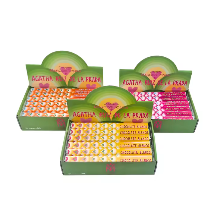 3 Pack 24 unidades de Chocolatinas de Chocolate puro 70% Cacao, Chocolate con Leche y Chocolate Blanco, 30gr by Agatha Ruiz de la Prada - 1