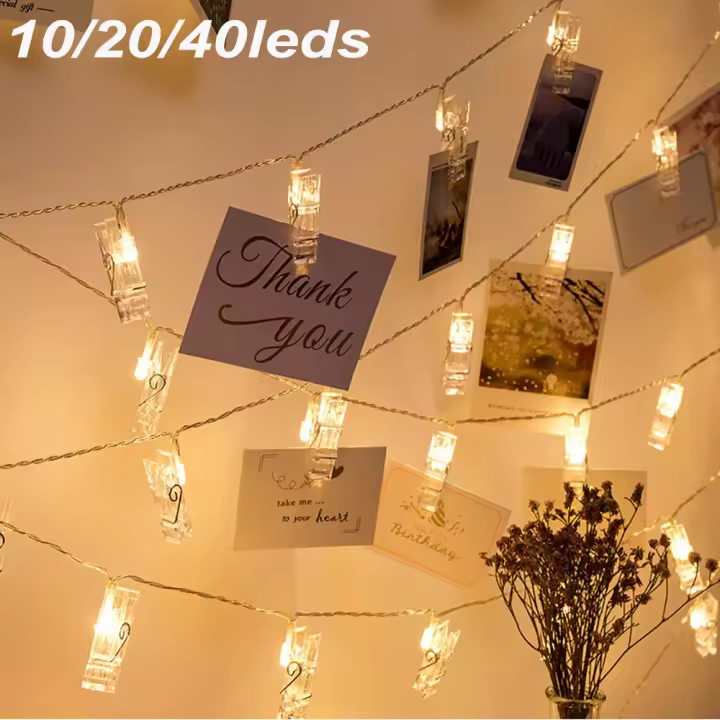 Luz De Cadena LED Para Fotos Con Clip 1m/3m/6m Potenciada Por Baterías AA Decorativa Para Pared De Dormitorio Fotografía Cumpleaños - 1
