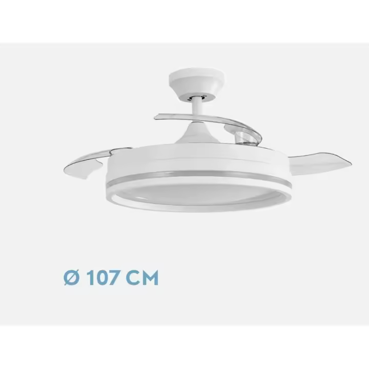 FABRILAMP PREMIUM Ventilador Dc Cerrato Blanco 72w 3aspas Desplegables 107d 7200lm 6vel 3000k,4500k,6000k, Remoto+temporizador+memoria Incluye mando a distancia y dos tijas de 10 y 25 centímetro Productos originales calidad de confianza - 1
