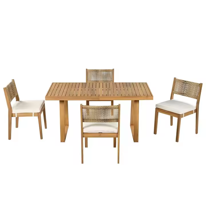 Juego de Mesa de Comedor de Exterior de 5 Piezas para 4, Respaldo de Silla de Ratán PE, Tabla de Mesa y Sillas de Madera de Acacia, Patio de Jardín - 1