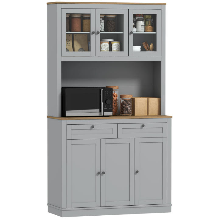 HOMCOM Alacena de Cocina, Mueble Auxiliar de Cocina, con 3 Puertas de Vidrio, Encimera Abierta para Microondas, 2 Cajones y Estantes Ajustables, 100x40x180 cm, Gris