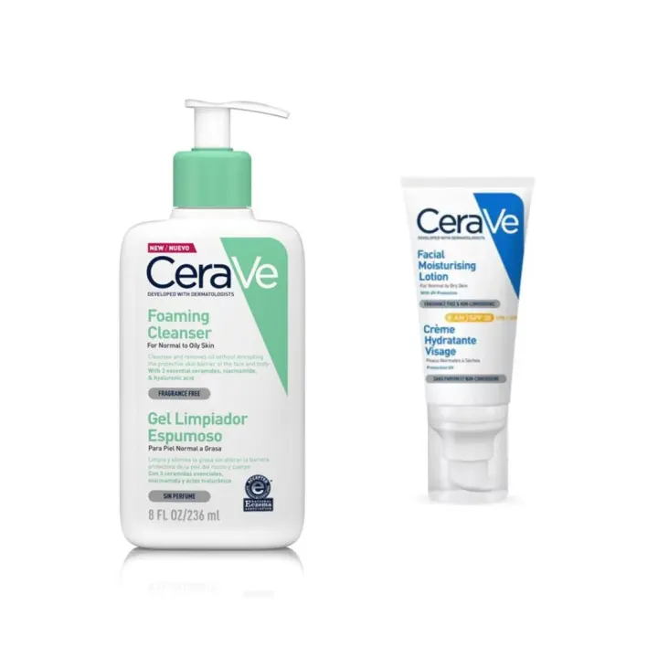 Cerave - Pack Cuidado Facial Pieles Mixtas -  Espuma Limpiadora Seborreguladora Para Rostro - Para piel normal a Grasa Con 3 Ceramidas, 236 ml + Hidratante Facial SPF 30- Para Pieles Normales A Secas 52ml. - 1