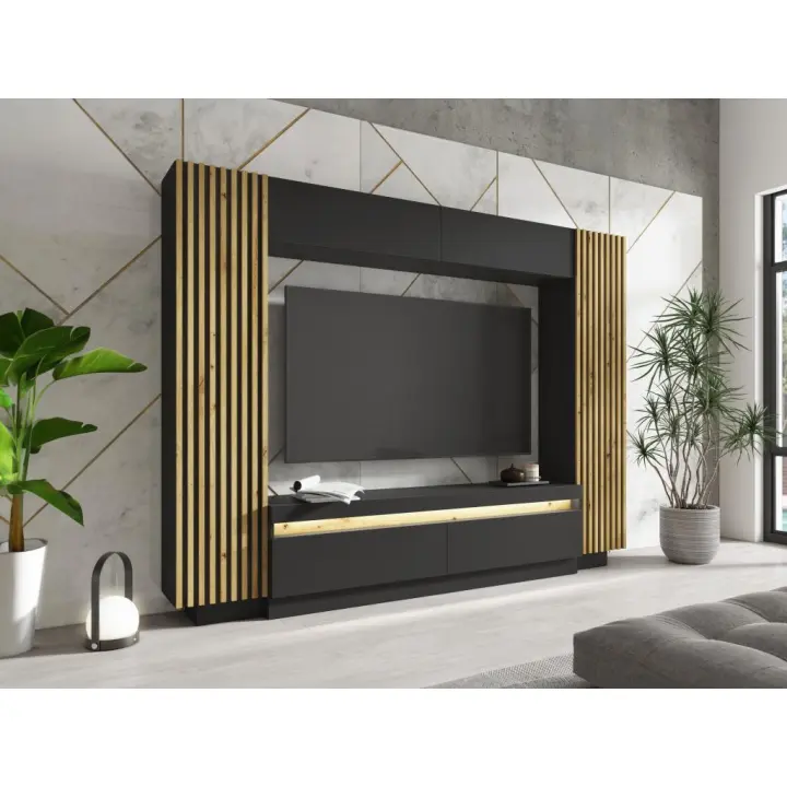 Vente-unique - Mueble TV con almacenamiento - LEDs - Negro y Natural - LIONEA - 1
