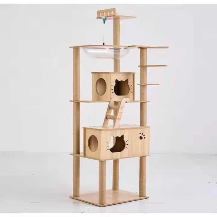 Árbol para Gatos, Torre Rascador para Gatos, 2 Casas de Madera, Plataformas Múltiples, con Juguete Colgante, Natural, 60CM*50CM*182CM - 1