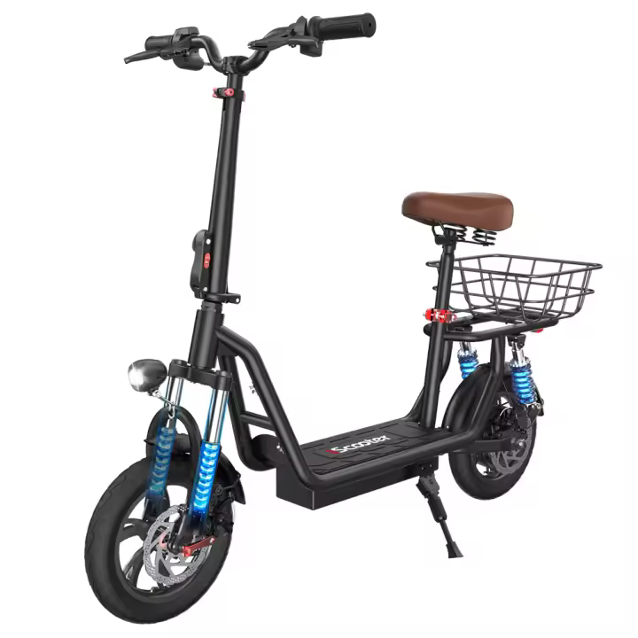 iScooter i12 Patinete eléctrico con asiento y cesta trasera, motor de 500W, batería de 36V 7.5Ah, neumático neumático de 12 pulgadas, velocidad máxima de 25km/h, alcance máximo de 35km, frenos de disco dobles, absorción de impactos doble - 1