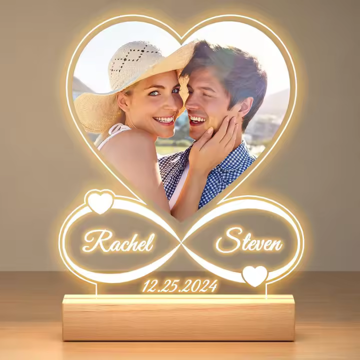Portarretratos personalizable con fotos y corazón, regalo de aniversario para parejas, para hombres y mujeres, placa de acrílico con luz nocturna, regalo para Navidad y boda para él y para ella, Versión USB tricolor (regulable) - 1