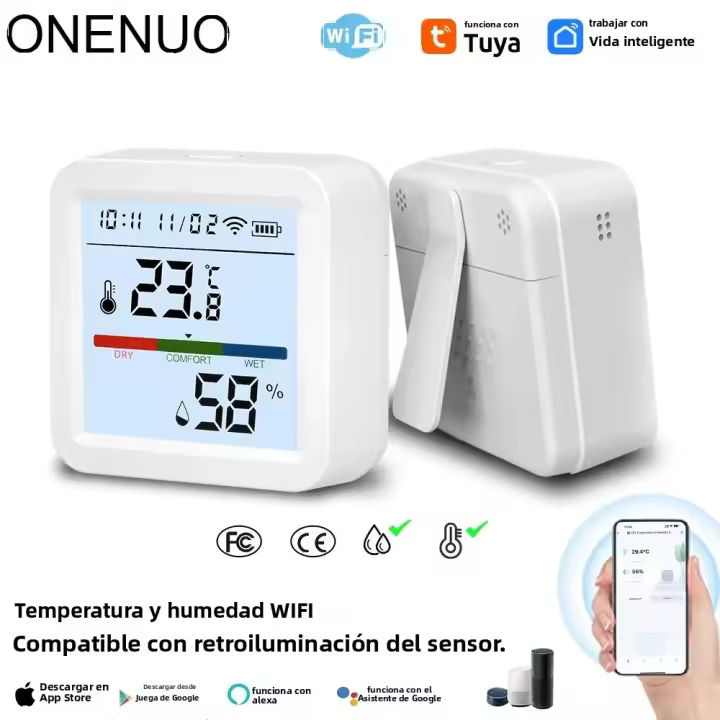 Sensor De Temperatura Y Humedad ONENUO Tuya WIFI Smart Life Compatible Con Alexa Control Remoto Por App Backlight Thermometer Hygrometer - 1