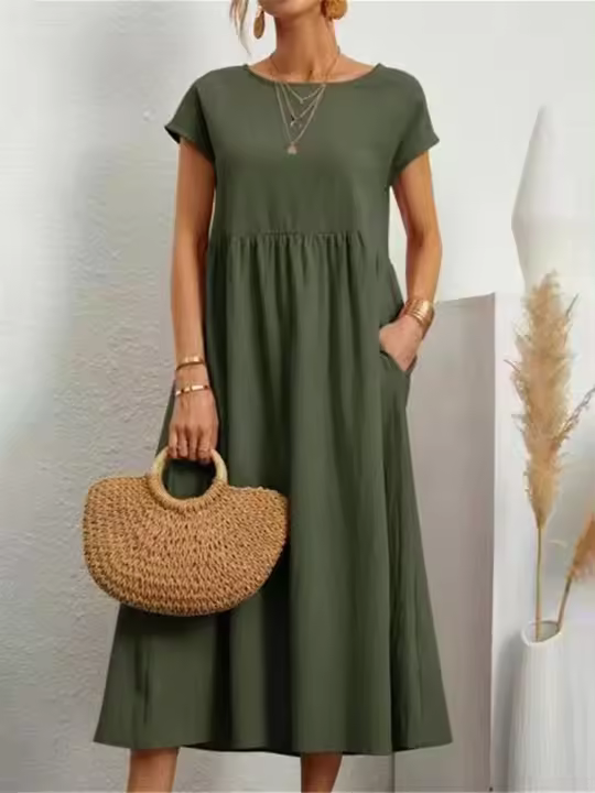 Vestido Midi Sólido Vintage Para Mujer Verano 2023 Algodón Y Lino Harajuku Sobredimensionado Estilo Y2K Maxi Sundress Manga Corta A-Line Cuello Redondo - 1