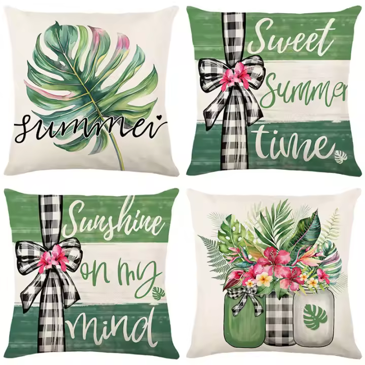 Conjunto de 4 fundas de almohada verde, carta de impresión cojines de lino para el hogar, sala de estar sofá Decoración - 1