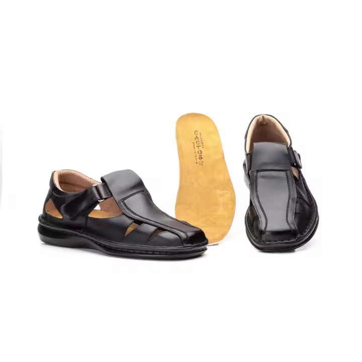 60313 Negro y Coñac Hecho en España Sandalias Hombre Piel Negro y Coñac Numeración: 39-45 Marca: Cactus sandalias super comodas con plantilla extraible cosidas a mano de gran calidad y comodidad con cierre de velcro ideales para verano - 1