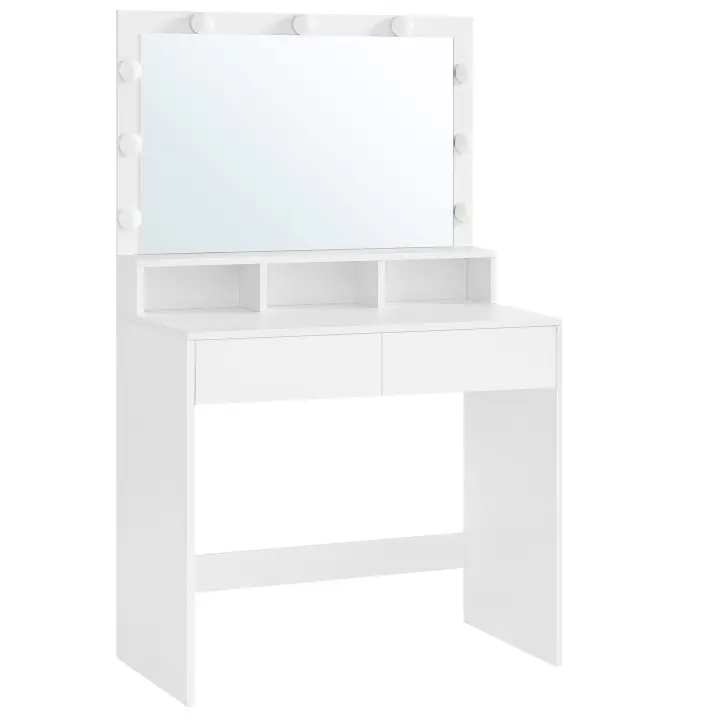 VASAGLE Tocador, Mesa de Maquillaje con Espejo y Luces LED con Brillo Ajustable, 2 Cajones y 3 Compartimentos, Moderno, Blanco - 1