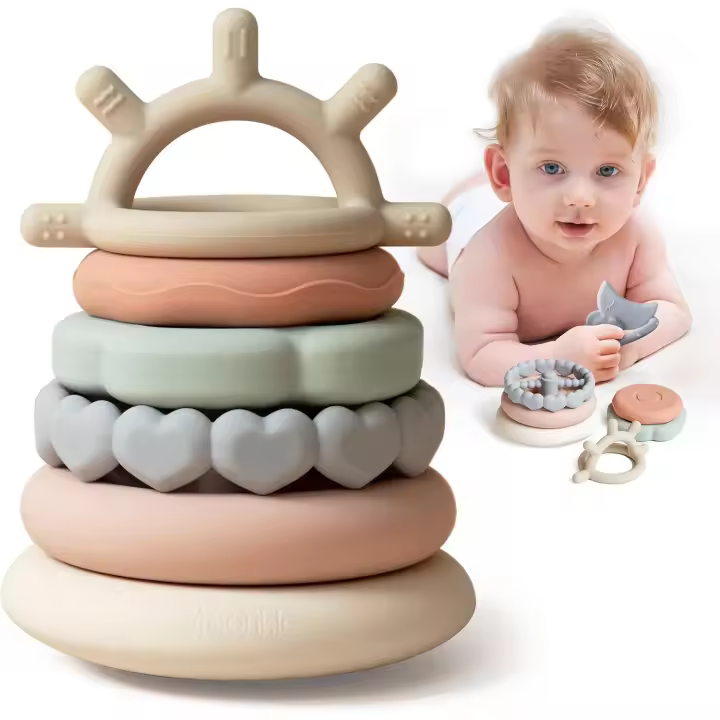 Juguete de dentición suave, educativo, con anillos apilables para bebés, juego de 7 piezas - 1