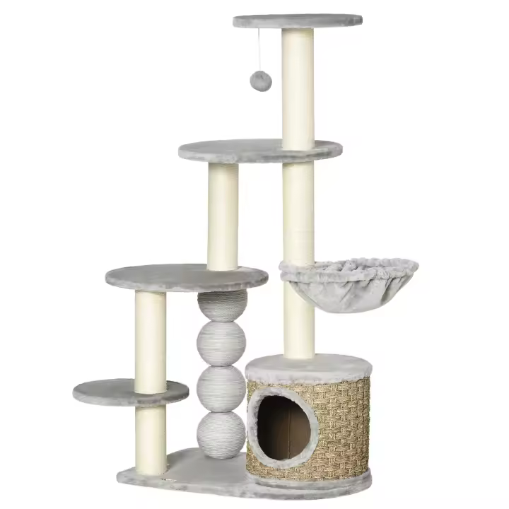 PawHut Rascador, altura 115,5 cm, árbol para gatos con cueva para gatos, árbol trepador con hamaca, pelota de juego y poste de yute, casa para gatos, muebles para gatos, gris claro - 1