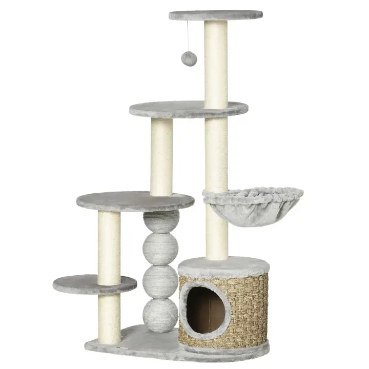 PawHut Rascador, altura 115,5 cm, árbol para gatos con cueva para gatos, árbol trepador con hamaca, pelota de juego y poste de yute, casa para gatos, muebles para gatos, gris claro - 1
