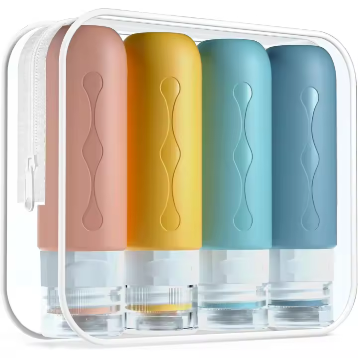 Paquete de 4 botellas de viaje de silicona a prueba de fugas aprobado por la TSA (90mL) para champús, lociones y artículos de tocador, sin BPA certificado por la FDA - 1