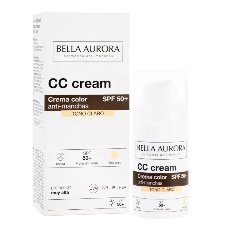 BELLA AURORA - CC Cream Antimanchas Tono Claro SPF50+ 30 ml, Protector Solar Antimanchas, Crema Color Antimanchas, para Cualquier Tipo de Piel, Crema Solar Facial de Color Claro - 1