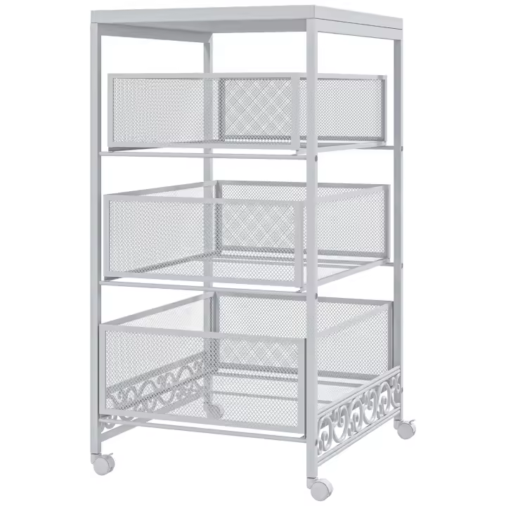 HOMCOM Carrito Auxiliar con Ruedas Carrito de Almacenamiento de 3 Niveles con 3 Cesta de Almacenamiento para Salón Comedor Cocina Baño 34x29,5x57,5 cm Blanco - 1