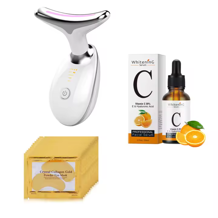 Kit Masajeador Rejuvenecimiento Facial Papada Arrugas Piel Lifting Antienvejecimiento Hidratacion Incluye Serum Acid Hyaluronic y 10 Parches Ojeras Colageno Acne Belleza Mujer Cara Cuello Papada Terapia EMS Vibracion Led - 1