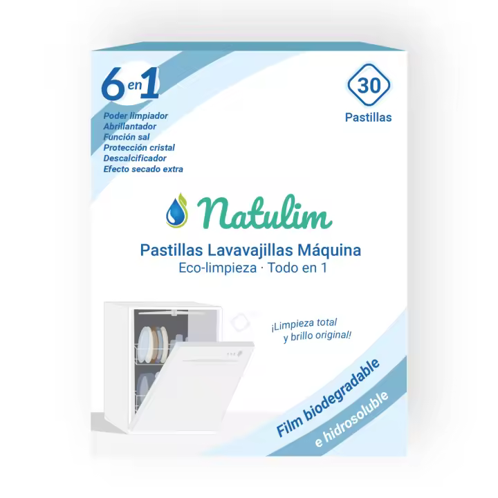 Natulim - Pastillas de Lavavajillas a Máquina - Eco-Limpieza, Biodegradables e Hidrosolubles 6 en 1 - Limpieza Profunda, Abrillantador, Función Sal, Protección Cristal, Descalcificador, Efecto Secado Extra (30 pastillas) - 1