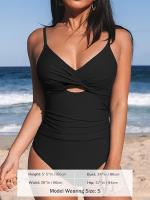 Traje de baño de una pieza para mujer, traje de baño fruncido con tirantes ajustables y abertura frontal. - details 3