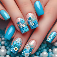 24pcs/set Uñas Postizas Largas Medias Falsas De Cuadrado Ballet Con Flores Y Mariposa Azul Verde Para La Temporada De Primavera Y Verano - details 23
