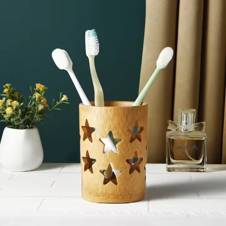 Porta Cepillo De Dientes De Bambú Con Soporte Para Vaso Y Drenaje Para Baño Y Oficinas Suministros De Decoración Y Organización - 1
