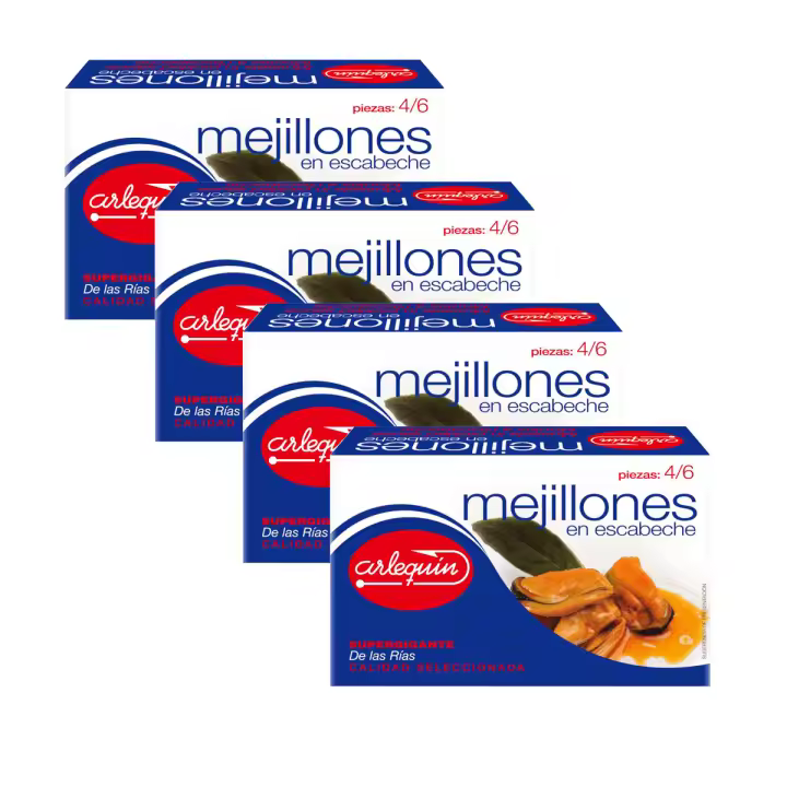 ARLEQUIN Mejillón en Escabeche, Tamaño Gigante, Pack de 4 Latas de 120 grs. y 4/6 Unds (480 grs. y 16/24 Unds) - 1