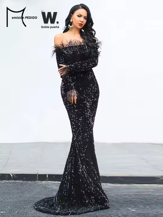 Vestido Elegante De Noche Para Mujer Missord Con Hombros Descubiertos Y Plumas Negro Con Lentejuelas Traje De Baño Fiesta Bodas Silueta De Sirena Ajustado - 1