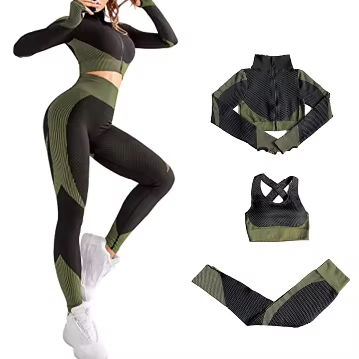 Conjunto de entrenamiento para Mujer, de 3 piezas chándalo, leggings de yoga sin Costura with Realce de cadera y sujetador Deportivo elástico, Conjunto de ropa de Gimnasio - 1