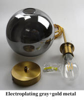 Lámpara Colgante De Vidrio Sférico Minimalista Nórdica En Ambar Fumé Gris Con Metal Antiguo Dorado Para Decoración Interior - details 20