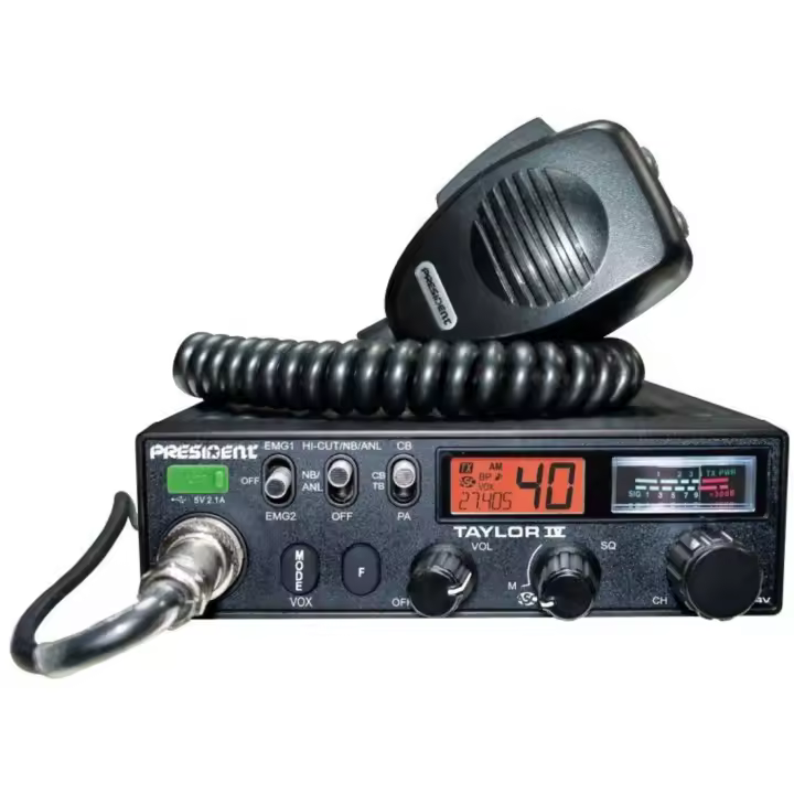 PRESIDENT TAYLOR IV ASC Tensión de la alimentación	:	13,2 V / 24 V Canales	:	40 Selector de canales	:	conmutador Volumen	:	Ajuste volumen y on/off Squelch	:	Squelch manual Pantalla	:	LCD multifunción Indicador de nivel	:	vu-meter Preselección canal	:	EMG - 1
