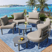 Conjunto de muebles de Jardín (5 plazas), 2 mesas de Centro con Cristal Templado, Estructura de Hierro galvanizado, muebles de Jardín con muebles de asiento y almohadones grises, elegant SOFA Redondo - details 0