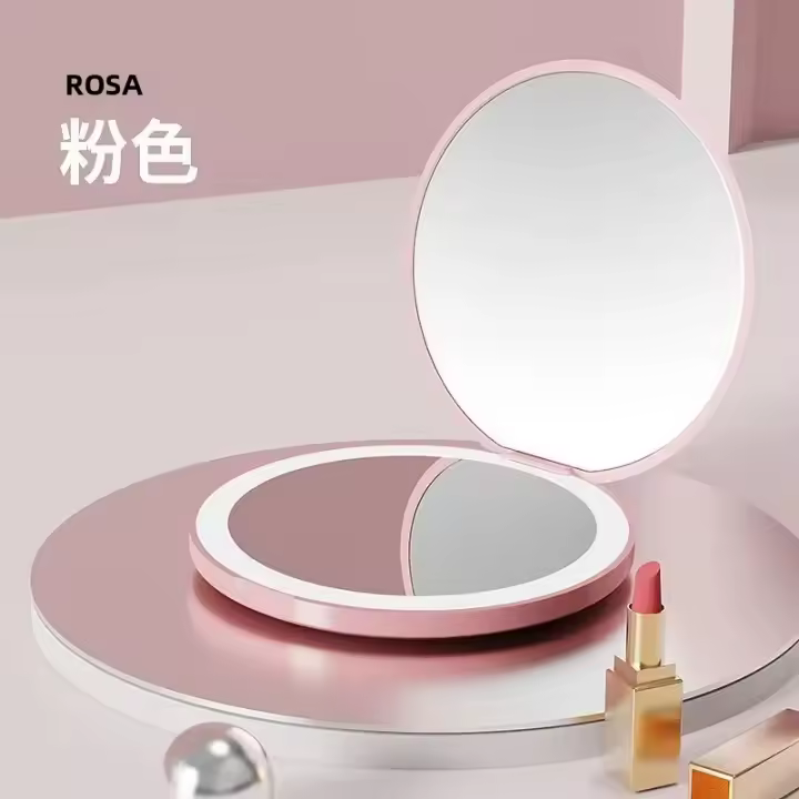 Espejo De Maquillaje Plegable Con Luz LED Mini Espejo Portátil Para Mujeres Efecto Luminoso Rosa Blanca Magnificador ABS - 1