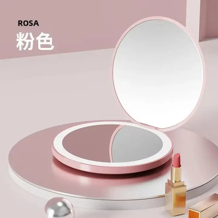 Espejo De Maquillaje Plegable Con Luz LED Mini Espejo Portátil Para Mujeres Efecto Luminoso Rosa Blanca Magnificador ABS - 1