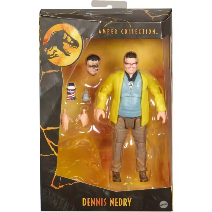 JURASSIC WORLD - Amber Collection - DENNIS NEDRY - Figura de acción coleccionable con cabeza intercambiable - Incluye varios accesorios - Producto original -  Edad recomendada mayores de 8 años -  Mattel - 1