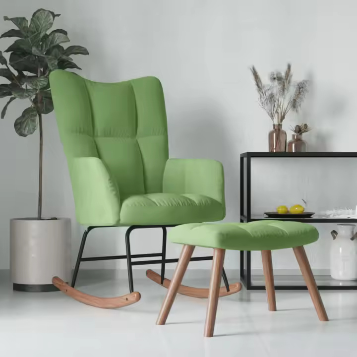 vidaXL Silla mecedora con reposapiés terciopelo verde claro - 1