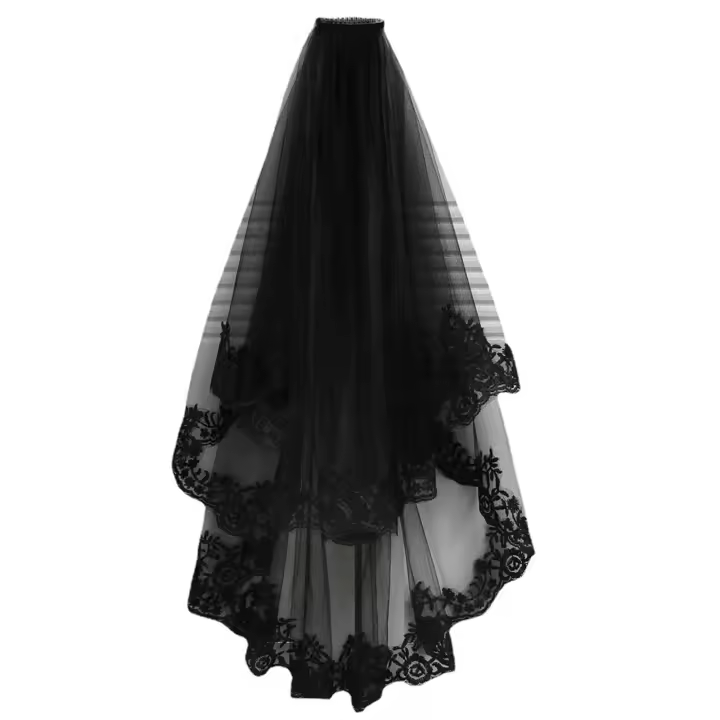 Vela De Novia Negra Con Encaje Corta VINOPROM Para Mujer Doble Capa Estilo De Borde De Encaje Hebilla Incluida Medio Largo - 1