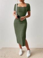 Vestido De Punto Midi Cuello Cuadrado Ajustado En La Cintura Con Abertura Para Mujer Versátil Para Todo El Año Vestido De Oficina - details 10