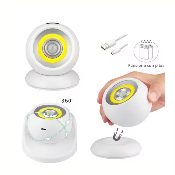 Lámpara De Pared Magnética Con Sensor De Movimiento PIR Luz De Noche LED COB 360° Rotativa USB/Batería Para Dormitorio Baño Cocina - 1