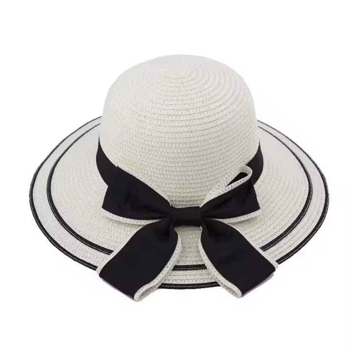 Sombrero De Paja Tejida Versátil Para Mujer Estilo Noble Con Lazo Grande Sombrilla De Playa Protección Solar Para Primavera Y Verano - 1