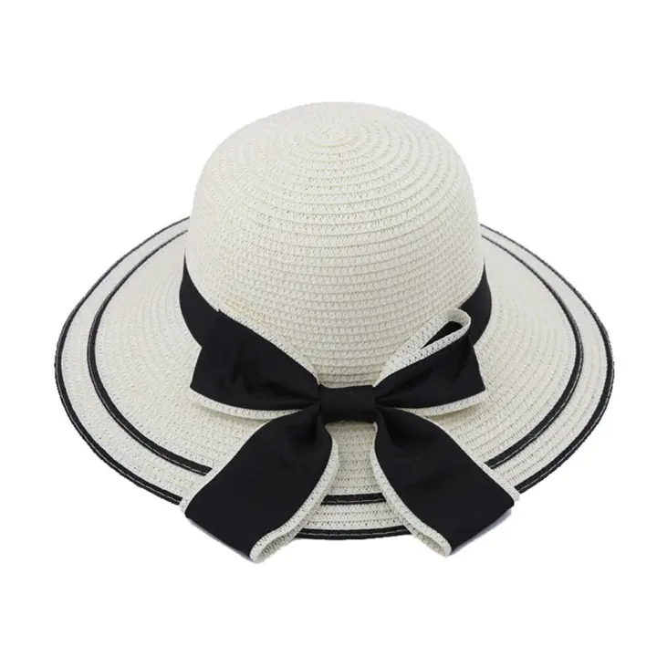 Sombrero De Paja Tejida Versátil Para Mujer Estilo Noble Con Lazo Grande Sombrilla De Playa Protección Solar Para Primavera Y Verano - 1