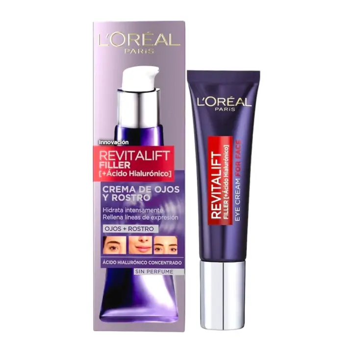 L'OREAL PARIS Crema Antiedad de Ojos y Rostro Revilafit Filler Con Ácido Hialurónico Rellena Arrugas e Hidrata Intensamente Eficacia Multizona Sin Perfume 30 ml - 1
