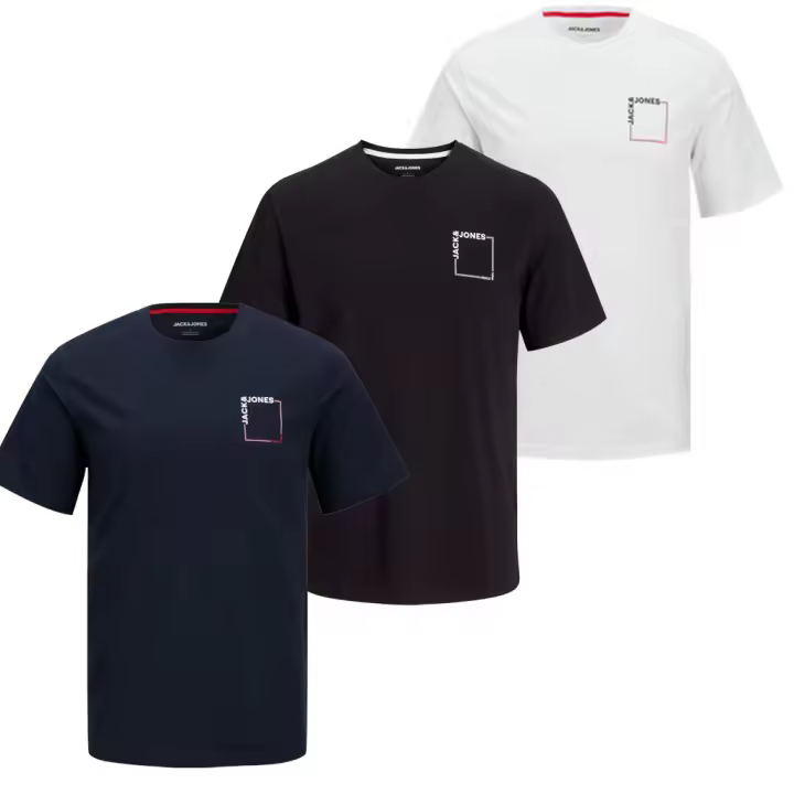 Jack & Jones Hombre Pack 3 Camisetas de Algodón Serie JJVERNER  Color White - Sky Captian - Black logo estampado Moda Casual Informal REF 269314 - 1