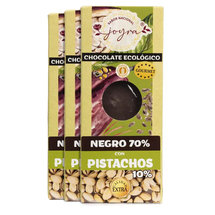 ARTE SABOR Pack 3 Tabletas de chocolate artesanal(70% Cacao) con pistachos (10%) y miel, 100g cada una. 6,8x1,3x16,8 Cm. - 1