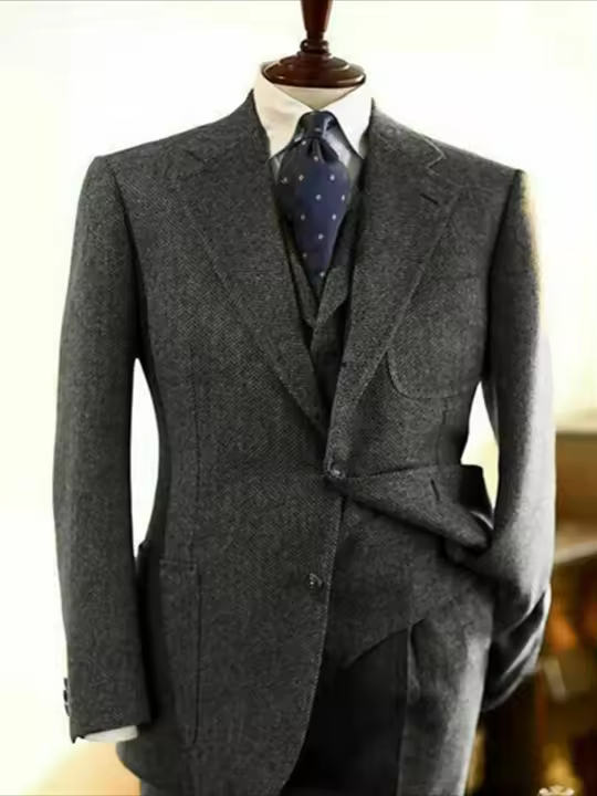 Traje De Hombros Interlock Tweed Retro Para Hombre 3 Piezas Traje Formal De Negocios Con Chaleco Y Pantalones Conjunto De Boda Tailor-Made - 1