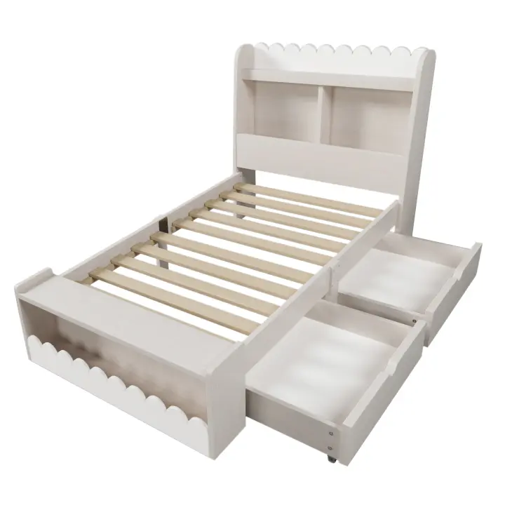Cama Infantil Cama individual Cama de almacenamiento con Caja, estante y Banco con almacenamiento, Cama de Madera de 90x190 cm, Marco de Cama y base de listones de Madera, blanco con Roble (colchón no incluido) - 1