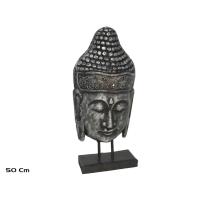 Gissed- Estatua Decorativa de Buda, Cabeza de Madera Plateada con Base, Estilo Zen Asiático para Hogar - details 0