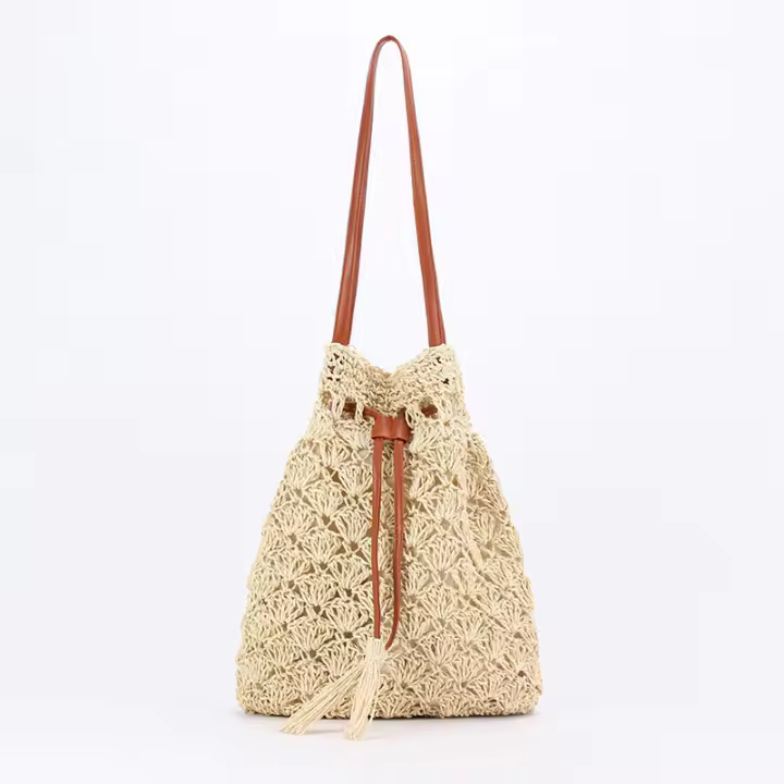 MOV Bolso tipo cubo con borlas, tejido a mano con cuerda de papel; un elegante bolso de mujer perfecto para las vacaciones de verano y la playa. - 1