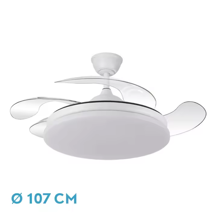 Fabrilamp - Ventilador Dc Tridente 59w 4aspas Desp.107d 6980lm Reg.intensidad Remoto+temporizador+memoria 3000-4000-6000k Abierto 107 cm, Cerrado 50 cm - 1